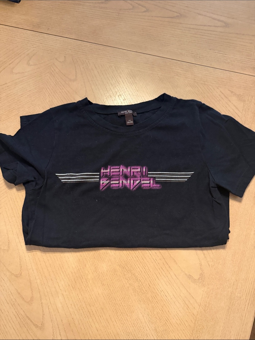 henri bendel Navy Tee with Metallic Pink Logo and Silver Stripes